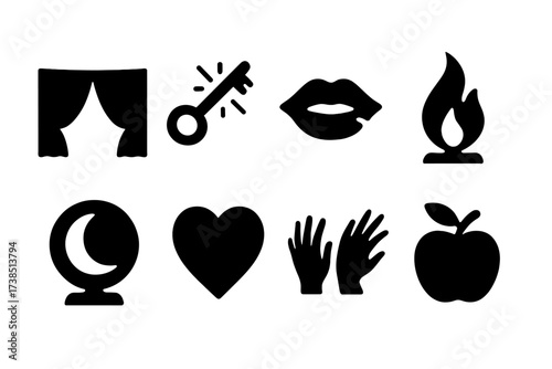 Icons of Dream Temptations. Solid, filled icon set of temptation in dreams: velvet curtain, glowing key, whisper mouth, soft flame, moon mirror, floating