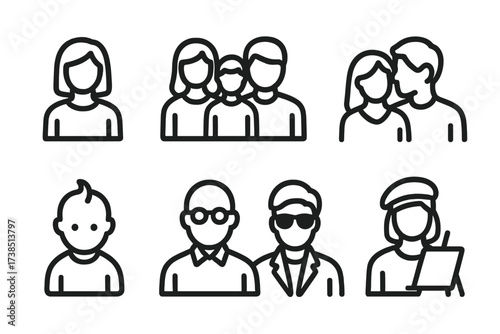 Portrait Icon Set. Outline icon set of portrait subjects: person, family, couple, child, elder, pet, celebrity, artist. Line icons in only black color,