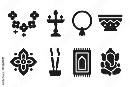 Sacred Offering Icons. Solid, filled icon set of milk offering decorations: flower garland, candle holder, sacred thread, decorative bowl, rangoli pattern,