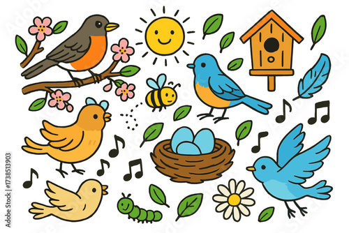 Springtime Birds and Blooms. Spring Birds. Colorful Hand-drawn doodle Children illustration Spring Birds robin, bluebird, nest, eggs, cherry blossoms, buzzing