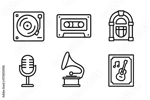 Vintage Music Icons. Outline icon set of song history: vinyl player, cassette tape, jukebox, old microphone, gramophone, sheet music scroll, retro radio,