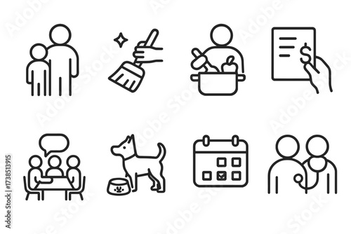 Family Responsibility Icons. Outline icon set of family responsibility: parent and child, chores, meal prep, budgeting, family meeting, pet care, calendar,