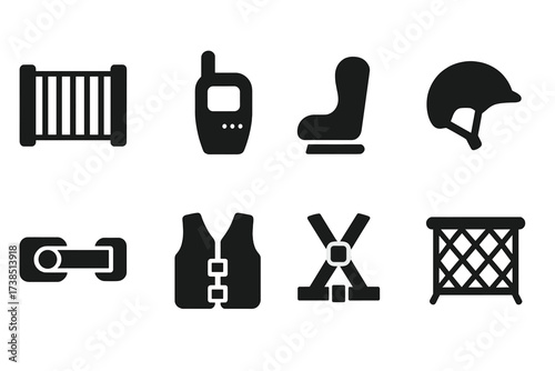 Child Safety Icons. Solid, filled icon set of child protection: safety gate, baby monitor, car seat, helmet, child lock, life jacket, safety harness, playpen.