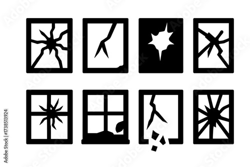 Cracked Window Icons. Solid, filled icon set of cracked window pane: spiderweb fracture, split glass, chipped edges, hole in glass, broken frame, shards
