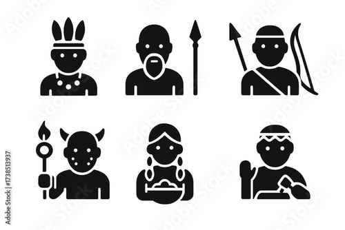 Tribal Community Icons. Solid, filled icon set of tribal community: chief, elder, warrior, hunter, shaman, gatherer, storyteller, artisan. Solid, filled icons