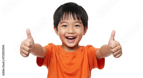 Excited young boy giving two thumbs up gesture isolated on white background happy gesture