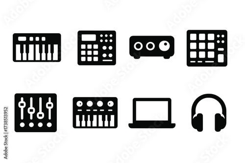 Beatmaker Equipment Icons. Solid, filled icon set of beatmaker hardware: MIDI keyboard, drum pad controller, audio interface, sampler, mixer, synthesizer,