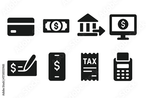 Tax Payment Icons. Solid, filled icon set of tax payment methods: credit card, cash, bank transfer, online payment, check, mobile payment, tax voucher, payment
