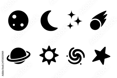 Celestial Icon Set. Solid, filled icon set of mystical celestial bodies: full moon, crescent moon, star cluster, comet, planet, sun, galaxy spiral, shooting