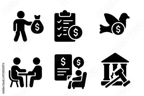 Debt Management Icons. Solid, filled icon set of liquidation debt management: debt collection, payment plan, overdue notice, debt forgiveness, creditor
