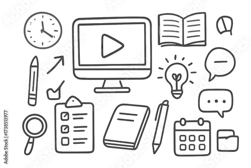 Doodle Icons Tutorial Guide. Hand-drawn doodle illustration example tutorial computer screen, play button, book, notebook, pencil, checklist, magnifying glass,