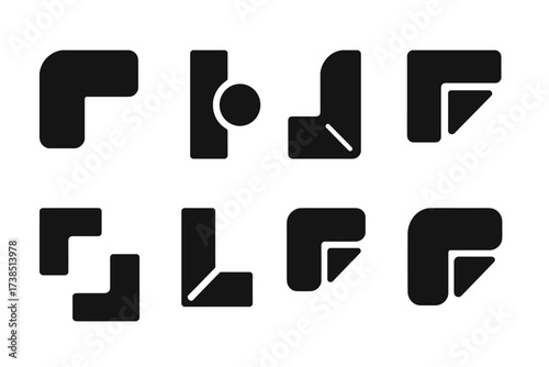 Corner Safety Icons. Solid, filled icon set of corner safety: corner protector, wall bumper, edge guard, rubber corner, foam corner, plastic corner, safety