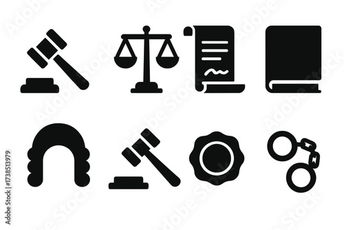Court Justice Icons. Solid, filled icon set of court justice: gavel, scales of justice, scroll, law book, judge?s wig, court hammer, wax seal, prisoner chains.