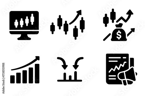 Trading Strategy Icons. Solid, filled icon set of trading strategies: day trading, swing trading, scalping, position trading, trend following, mean reversion,