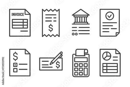 Financial Document Icons. Outline icon set of financial documents: invoice, receipt, bank statement, credit report, tax form, checkbook, calculator with paper,