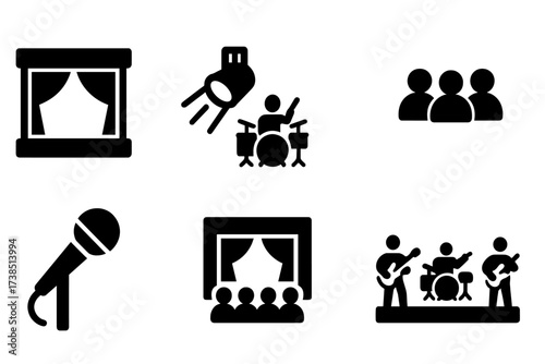 Drum Performance Icons. Solid, filled icon set of drum skin performance: stage, spotlight, drummer silhouette, audience, microphone, music notes, concert hall,