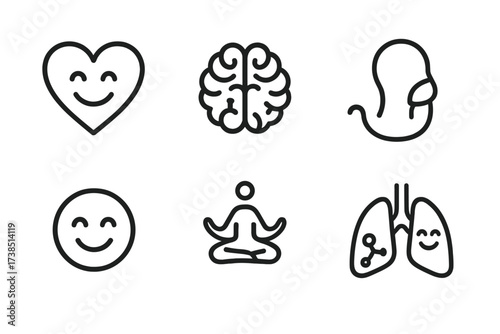 Laughter Health Icons. Outline icon set of laughter health benefits: heart, brain, oxygen mask, endorphin molecule, happy face, yoga pose, meditation, smiling