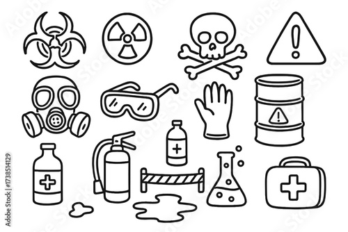 Hazard Symbols and Gear. Hand-drawn doodle illustration Hazard symbols and protective gear biohazard symbol, radiation symbol, skull and crossbones, warning