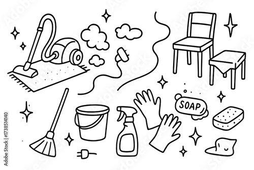 Cartoon Cleaning Doodles. Hand-drawn doodle illustration Vacuuming carpets vacuum cleaner, rug, dust cloud, plug, cord, chair, table, cloth, bucket, broom,