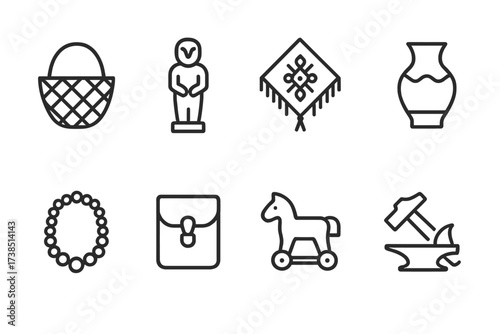 Versatile Icon Collections. Outline icon set of local crafts and goods: woven basket, hand-carved figurine, embroidered cloth, pottery vase, bead necklace,