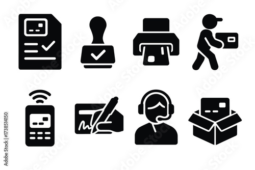 Debit Card Icon Set. Solid, filled icon set of debit card issuance: application form, approval stamp, card printing, card delivery, activation, signature