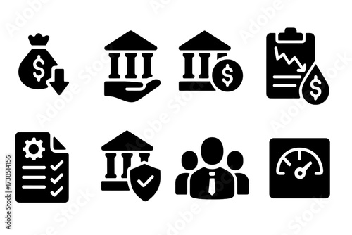 Central Bank Crisis Icons. Solid, filled icon set of central bank crises management: bailout, emergency funding, liquidity support, stress test, contingency