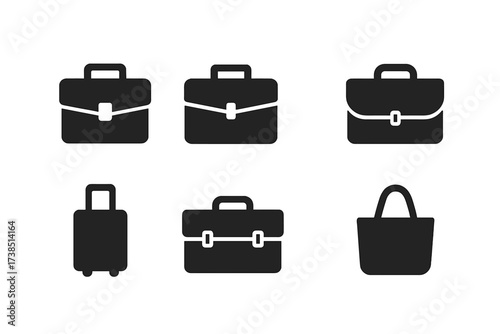 Black Briefcase Icons. Solid, filled icon set of briefcase types: business, laptop, portfolio, messenger bag, trolley case, document holder, executive case,