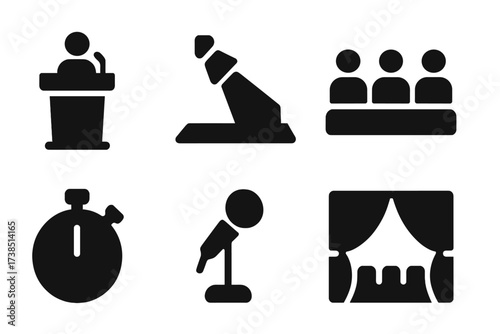 Presentation Icon Set. Solid, filled icon set of presentation settings: podium, stage, spotlight, audience, timer, microphone stand, seating, curtain. [Solid,