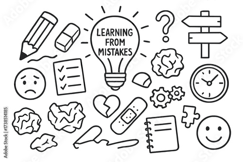 Learning Symbols Doodle. Hand-drawn doodle illustration Learning from mistakes light bulb, pencil, eraser, crumpled paper, checklist, sad face, question mark,