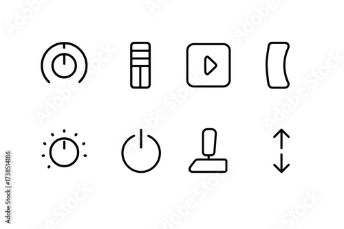 Synthesizer Controls Icons. Outline icon set of synthesizer controls: volume knob, modulation wheel, arpeggiator button, pitch bend wheel, preset selector,
