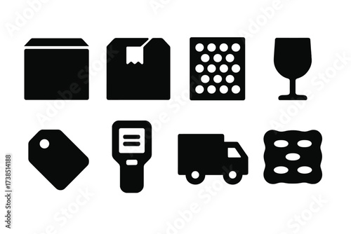 Fragile Shipping Icons. Solid, filled icon set of fragile shipping: sealed box, taped box, bubble wrap, fragile label, shipping tag, parcel scanner, delivery