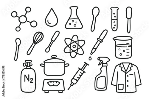 Molecular Gastronomy Icons. Hand-drawn doodle illustration Molecular flavor pairing molecular structure, droplet, flask, spoon, test tube, beaker, pipette,