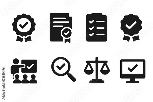 Regulatory Compliance Icons. Solid, filled icon set of regulatory compliance: approval badge, compliance certificate, checklist, seal, training, audit, legal