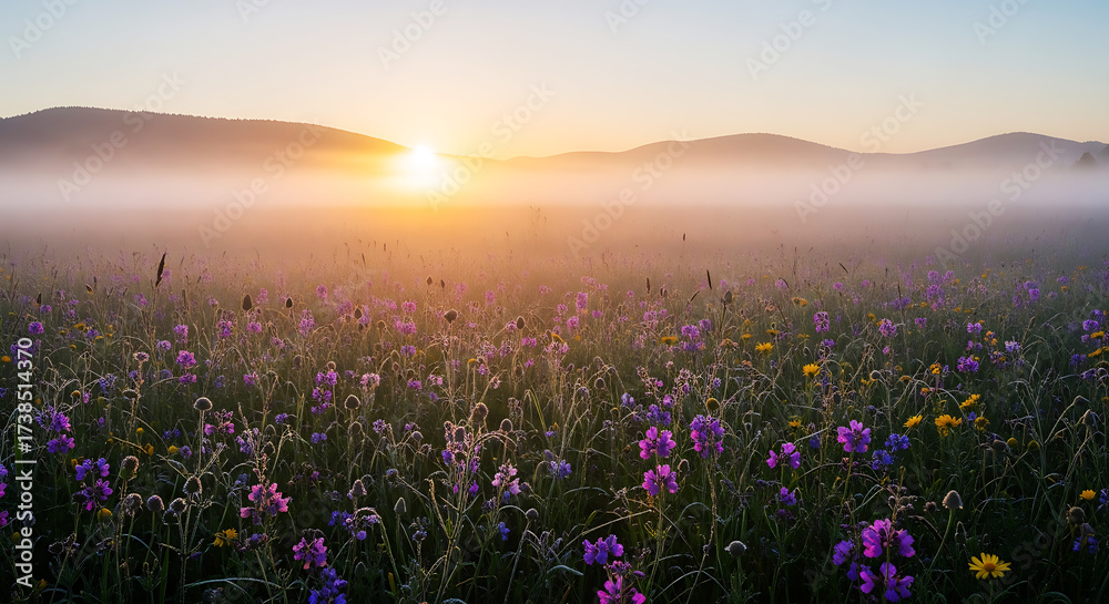 Obraz premium Sunrise over foggy field with purple and yellow flowers