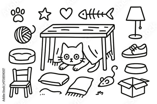 Cat's Cozy Hideaway. Hand-drawn doodle illustration Cat hiding under table table, cat, paw print, yarn ball, fishbone, cushion, chair, blanket, bowl, mouse
