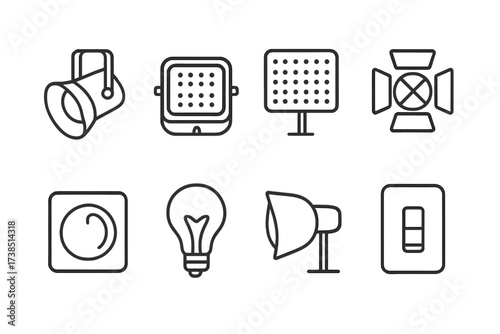 Lighting Equipment Icons. Outline icon set of lighting equipment: spotlight, floodlight, LED panel, stage light, dimmer, light bulb, reflector, light switch.