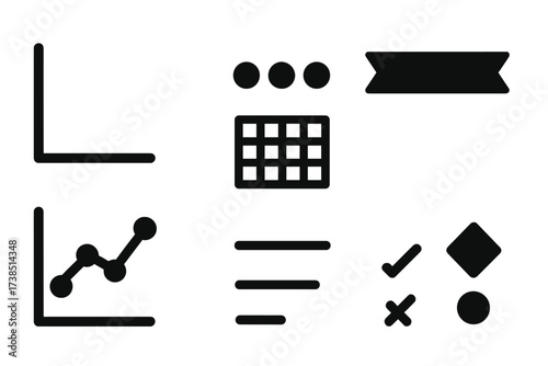 Graph Elements Icons. Solid, filled icon set of graph elements: axis lines, data points, grid lines, legend box, title banner, trend line, data labels,