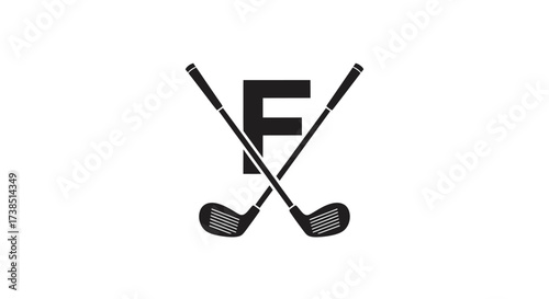 Elegant logo design featuring the letter F with crossed golf clubs in monochrome style