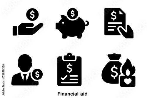 Financial Aid Icons. Solid, filled icon set of financial aid: money handout, piggy bank, loan document, bank assistance, financial advisor, budget plan,
