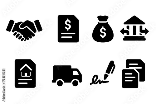 Asset Transfer Icons. Solid, filled icon set of asset transfer: handshake, contract, money bag, bank transfer, property deed, delivery truck, signature,