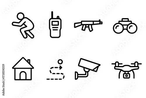 Mission Icon Set. Outline icon set of mission execution: stealth, walkie-talkie, weapon, night vision, safe house, escape route, surveillance camera, drone.