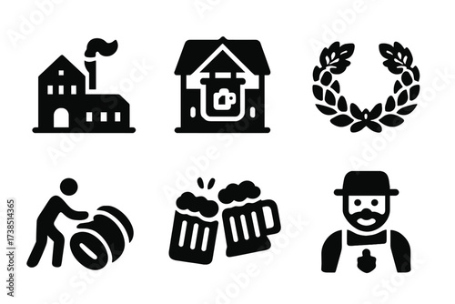 Beer Culture Icons. Solid, filled icon set of beer history and culture: old brewery, tavern, beer stein, hops wreath, barrel rolling, beer mug toast, beer