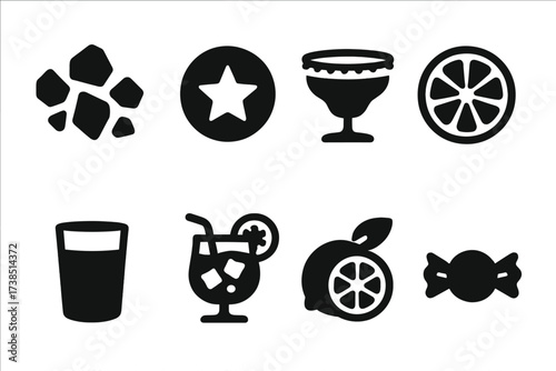 Salt Rim Icon Set. Solid, filled icon set of salt rim flavor and texture: coarse crystals, salty taste, crunchy rim, citrus zest, smooth glass, refreshing