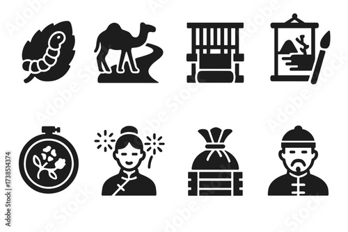 Silk Culture Icons. Solid, filled icon set of silk history and culture: Chinese silk, silk road, silk weaving, silk painting, silk embroidery, silk festival,