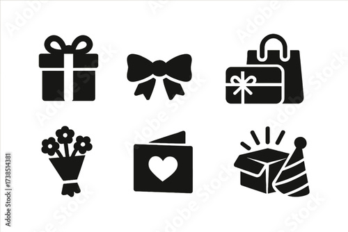 Gift Icons Grid. Solid, filled icon set of gift offers: wrapped present, ribbon bow, gift card, shopping bag, flower bouquet, greeting card, surprise box,