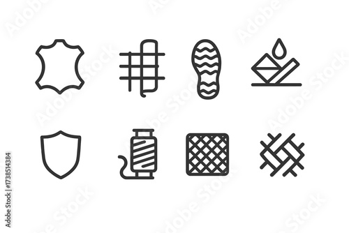 Military Boots Icon Set. Outline icon set of military boots materials: leather, nylon, rubber sole, Gore-Tex, Kevlar, canvas, mesh, synthetic fabric. Line