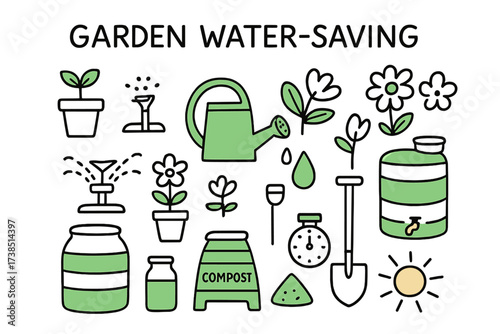 Water-Saving Garden Icons. Garden Water-Saving. Hand-drawn doodle illustration garden water-saving watering can (accented), sprinkler, garden hose (accented),