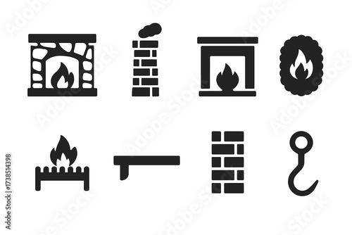 Hearth Symbol Icons. Solid, filled icon set of hearth architecture: stone fireplace, brick chimney, wooden mantel, hearth rug, fire grate, hearth shelf, hearth