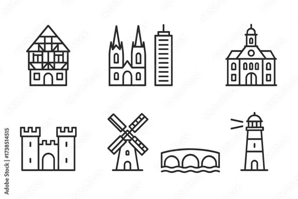 Fototapeta premium German Architecture Icons. Outline icon set of German architecture: half-timber house, cathedral spire, modern skyscraper, town hall, castle gate, windmill,