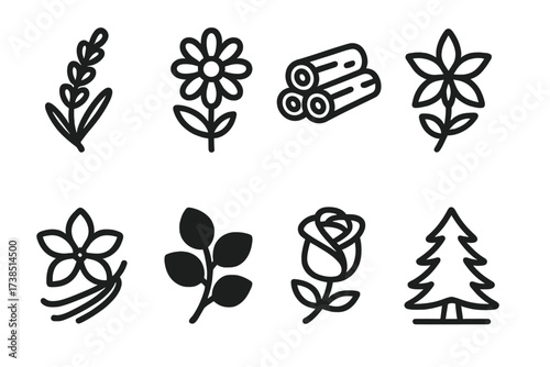 Calm Scent Icons. Solid, filled icon set of calm scents: lavender, chamomile, sandalwood, jasmine, vanilla, eucalyptus, rose, cedarwood. Line icons in only